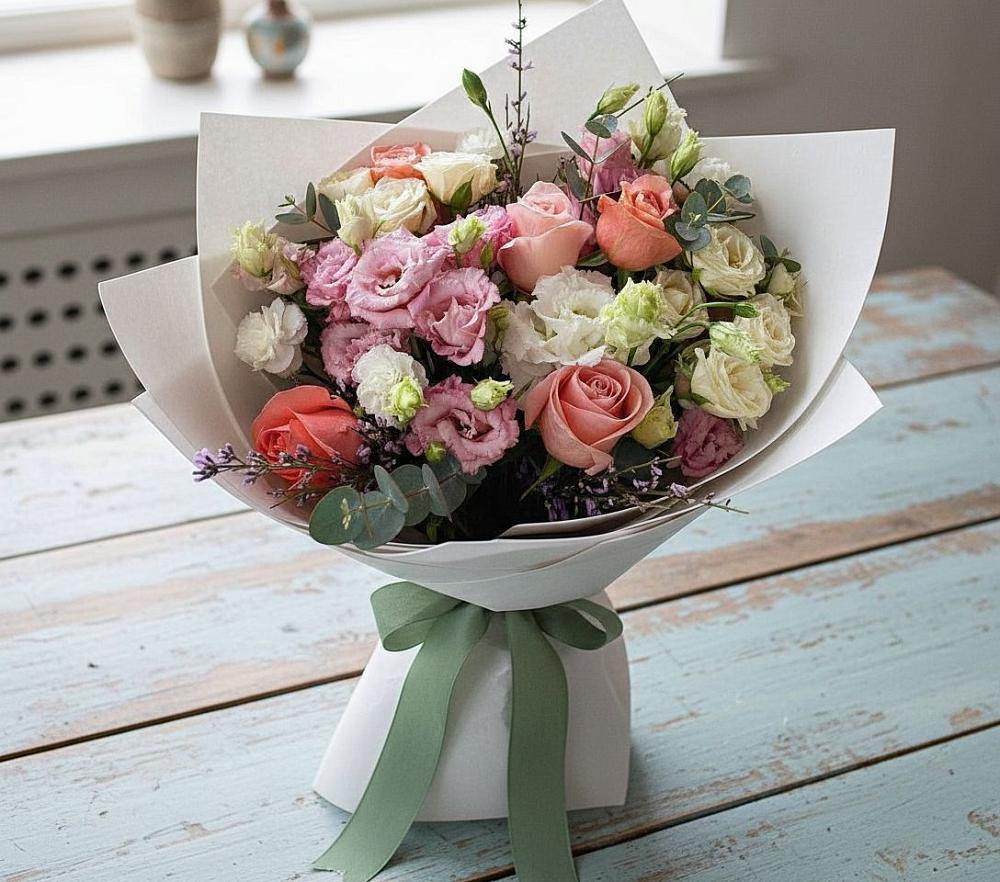 Букет цветов из: Розы, Лизиантусы и Гвоздики в Зарайске