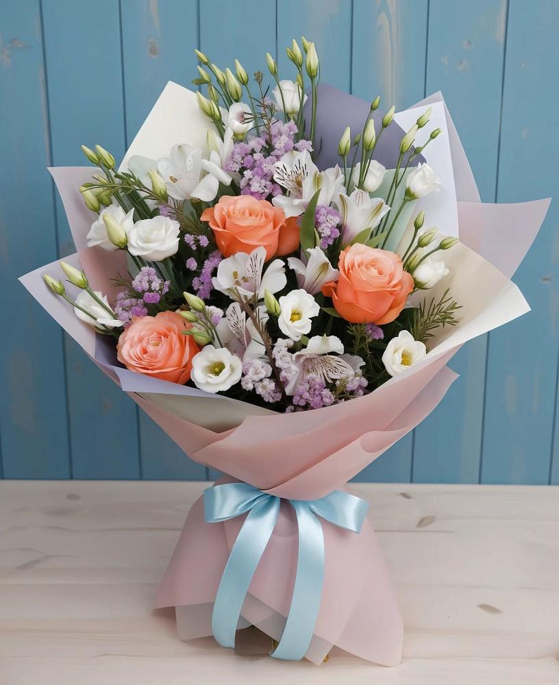 Букет цветов из: Лизиантусы, Розы, Альстромерии и Гипсофила в Зарайске