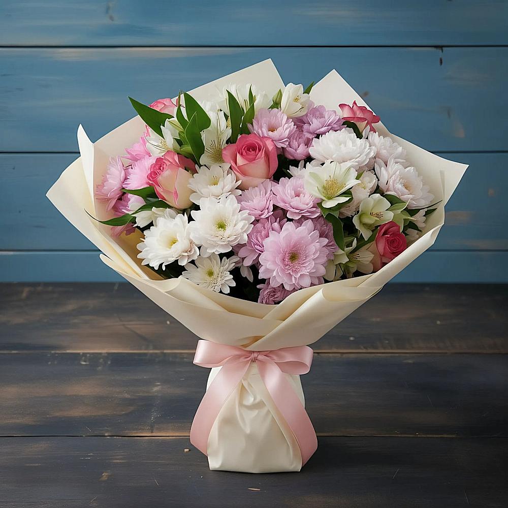 Букет цветов из: Хризантемы, Альстромерии и Розы в Зарайске